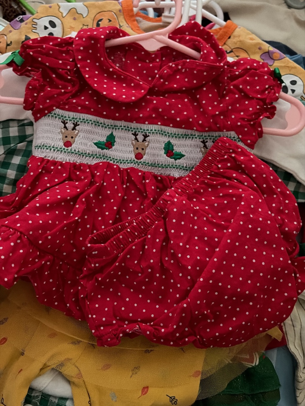 Red Polka Dot Kids Dress Set with Reindeer Smocking